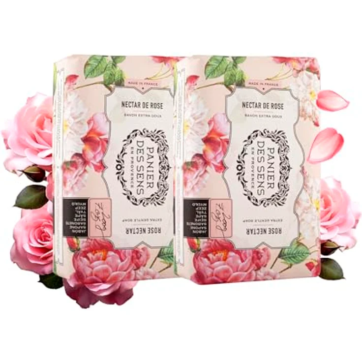 Panier des Sens Seifenstück Rosennektar, Hand- und Körperseife mit Shea-Öl, 97% natürliche Inhaltsstoffe, 2x200g, Französisch, für Damen und Herren – Bild 1