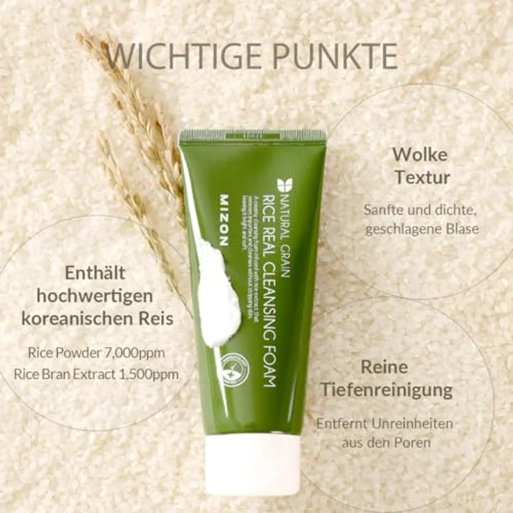 MIZON RICE REAL CLEANSING FOAM, 150ML - Sanfter Reinigungsschaum mit Reisextrakt für strahlende Haut, porentiefe Reinigung und sanfte Exfoliation für fettige und Mischhaut – Bild 2