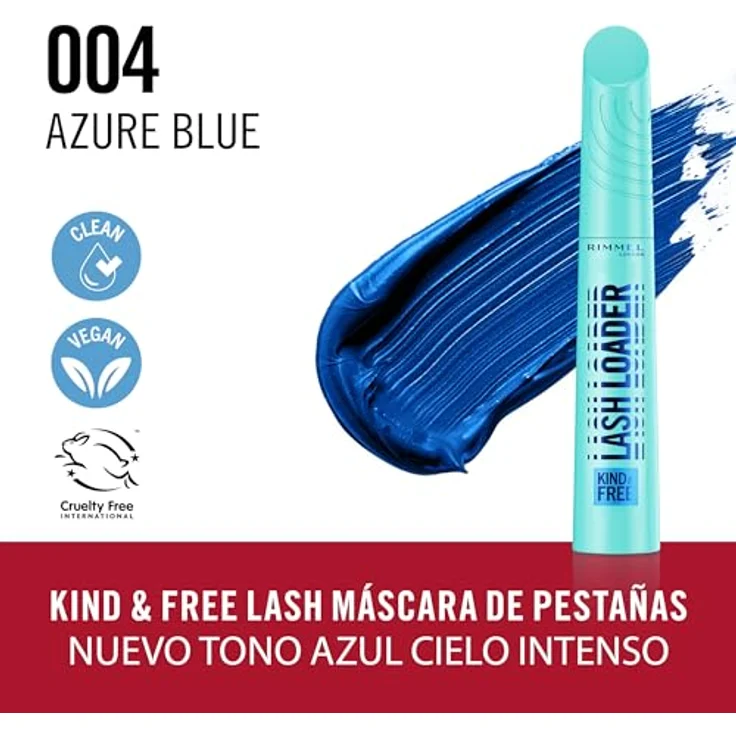Rimmel London Kind & Free Lash Loader Mascara, Azure Blue, volumengebende, wischfeste, vegane Formel, 9,5 ml – Bild 4