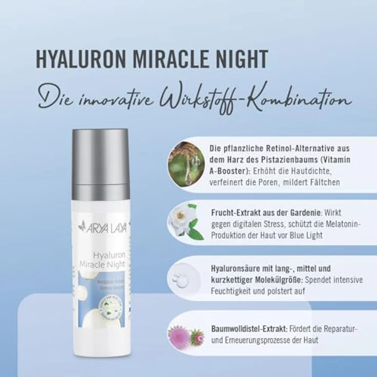 ARYA LAYA Hyaluron Miracle Night, 30 ml – Retinol-Booster & Melatonin-Schutz vor Blue Light, Feuchtigkeits-Serum, Hyaluron-Booster, vegan – Bild 3
