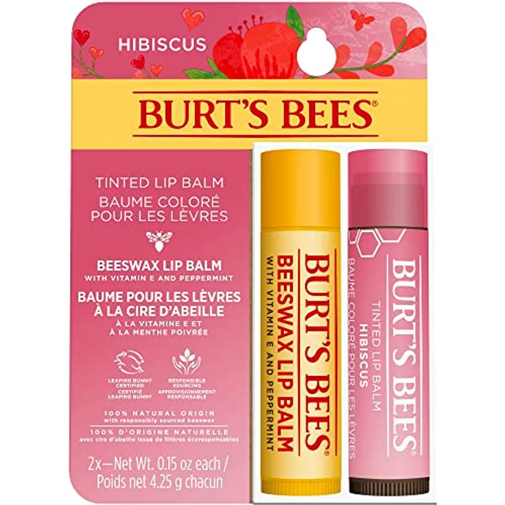 Burt's Bees Lippenpflege Multipack, Bienenwachs und getönter Hibiskus Lippenbalsam, feuchtigkeitsspendend, 2 x 4,25 g – Bild 1