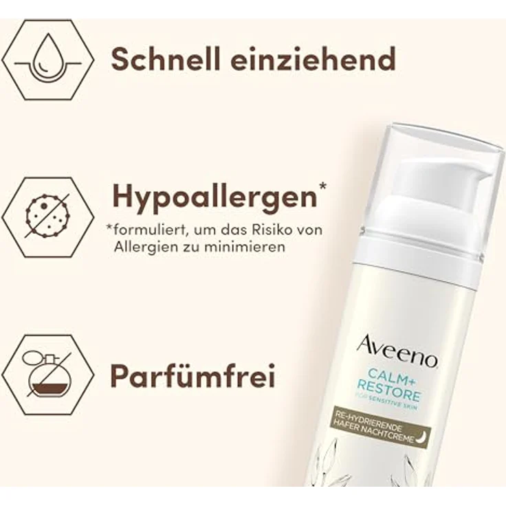 Aveeno CALM+RESTORE Re-Hydrierende Hafer Nachtcreme (50 ml), feuchtigkeitsspendend mit Sheabutter, präbiotischem Hafer & Mutterkraut für empfindliche Haut – Bild 5