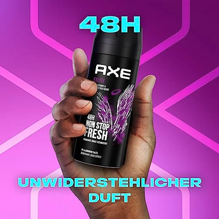 Axe Bodyspray Excite Deo ohne Aluminium sorgt 48 Stunden lang für effektiven Schutz vor Körpergeruch 150 ml 3 Stück – Bild 4