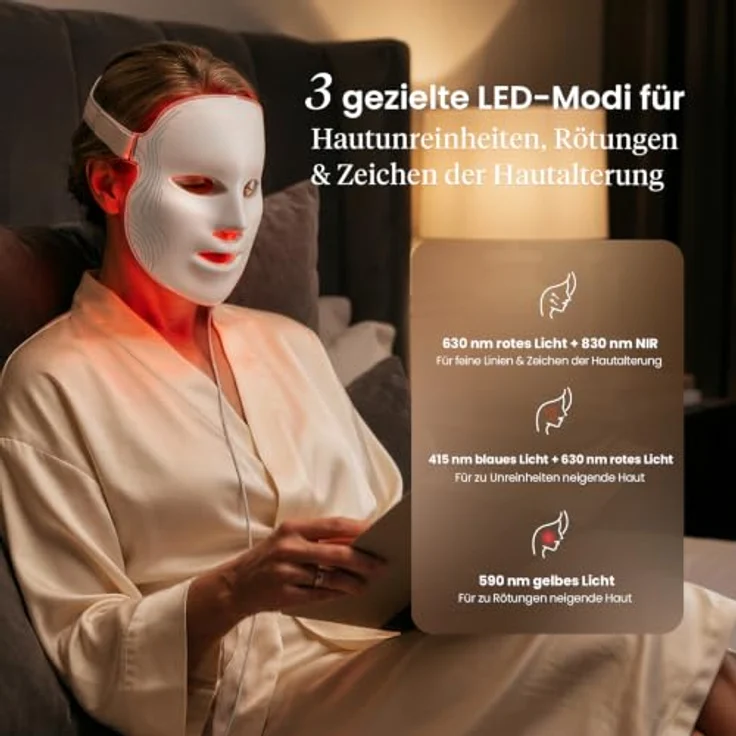 BOB AND BRAD PhysioFace LED Gesichtsmaske mit Rotlicht & Nahinfrarot, 4 Wellenlängen, 3 Modi, 10-Min.-Anwendung, Silikon-Augenpolster & verstellbares Kopfband, 480 LEDs für Hautpflege – Bild 2