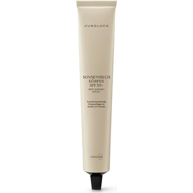 junglück Sonnenmilch Körper SPF 50+, schnell einziehend, hoher UV-Schutz, leichtes Hautgefühl, ohne Mikroplastik und Alkohol, korallenschädliche UV-Filter frei