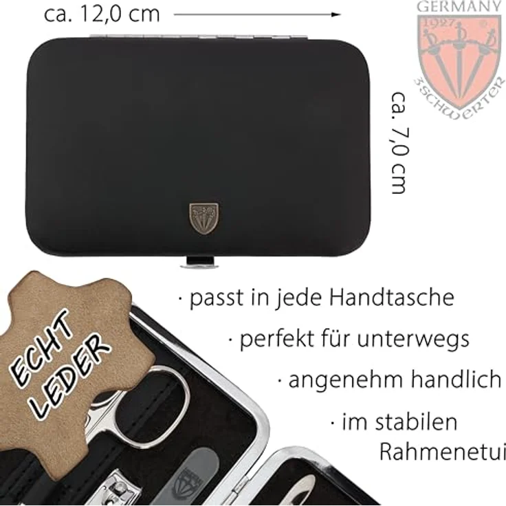 DREI SCHWERTER Maniküreset 'Genova' 6-tlg. im schwarzen Echtlederetui | Nagelschere, Hautschere, Nagelknipser, Glasnagelfeile, Pinzette, Saphirnagelfeile – Bild 4