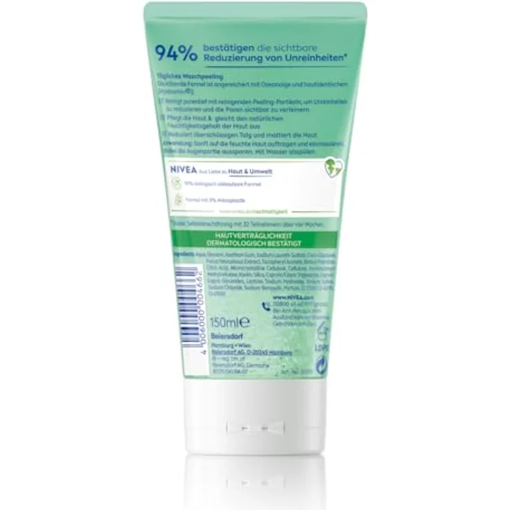 NIVEA Tägliches Wasch-Peeling, Peeling ohne Mikroplastik für eine porentiefe Gesichtsreinigung, mattierendes Gesichtspeeling reduziert Hautunreinheiten und pflegt die Haut (150 ml) – Bild 2
