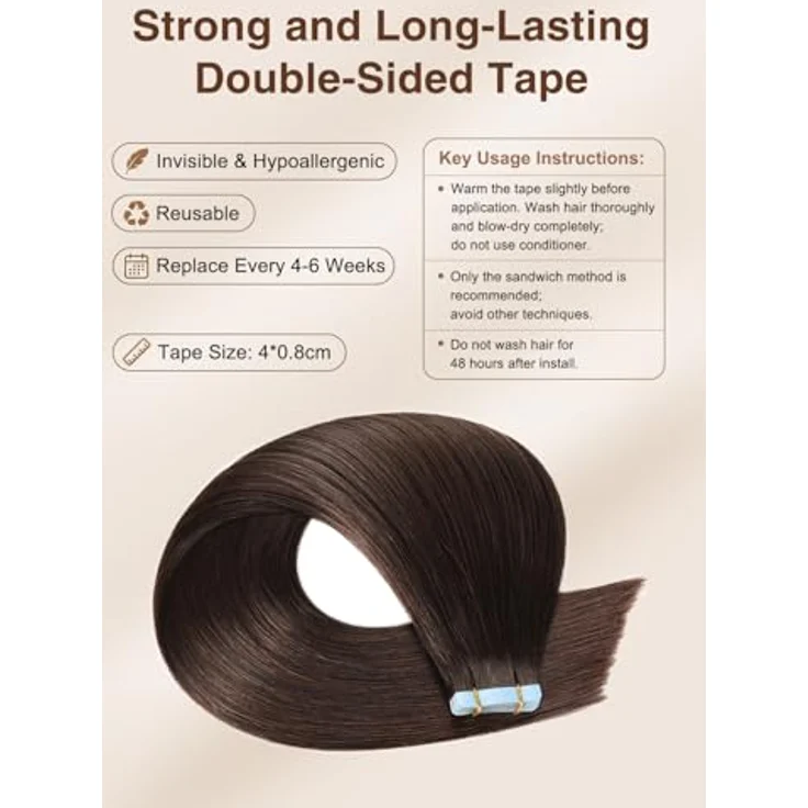 YILITE Tape in Extensions Echthaar 45cm #2 Dunkel Braun, Nahtlos, 20 Stück, 50g, 2-3 Monate haltbar – Bild 4