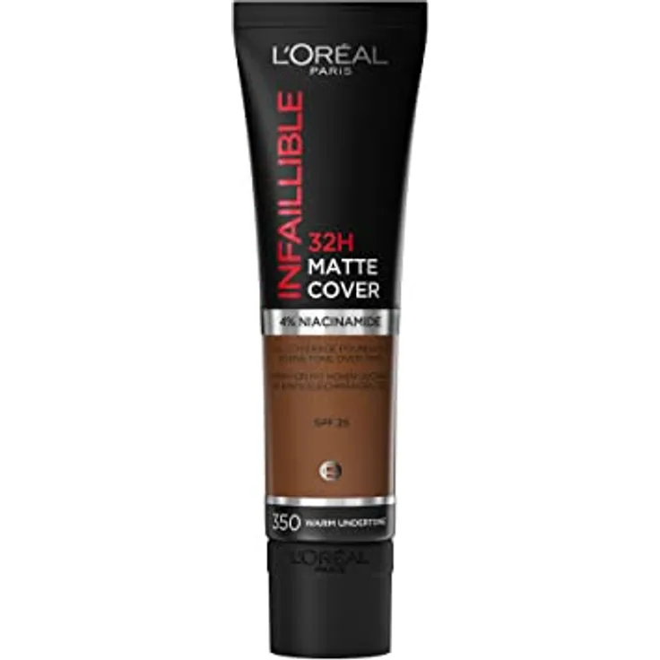 L'Oréal Paris Infaillible 32H Matte Cover Foundation 350, langanhaltendes flüssig-Make-up mit warmem Unterton, hohe Deckkraft, Formel mit 4% Niacinamiden, wasser- und wischfest, 1 x 30ml