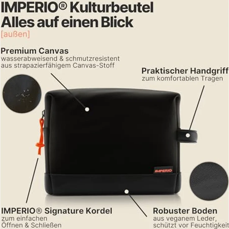 IMPERIO Kulturbeutel, wasserdichte Kosmetiktasche aus Premium Canvas & veganem Kunstleder, 5 Liter Stauraum, schwarz – Bild 3