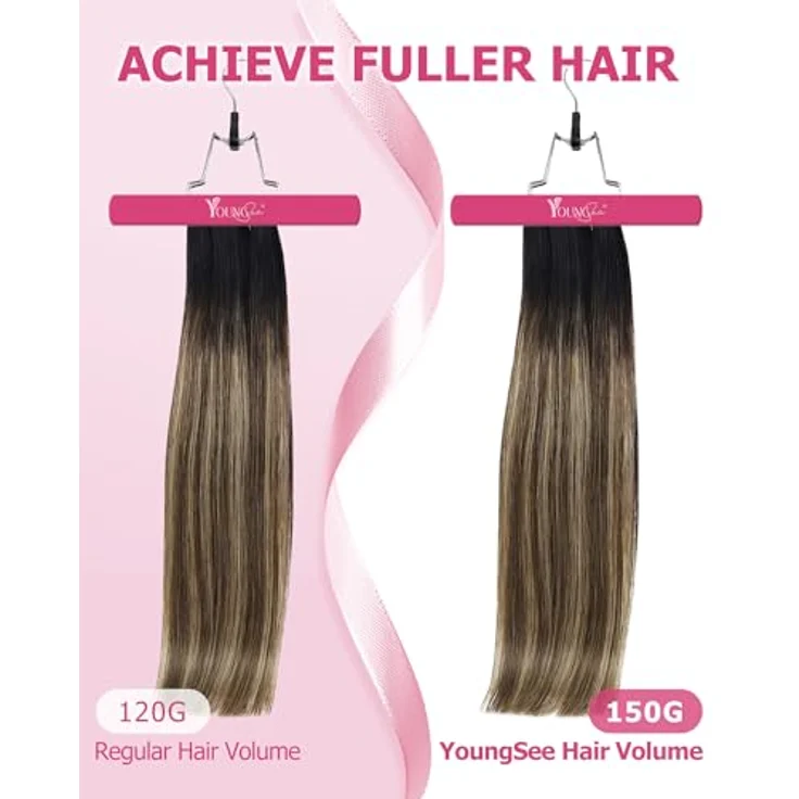 YoungSee Clip-in Extensions Echthaar 80g, Schwarz Balayage 1B/4/27, Remy Haarverlängerung mit Silikon-Clips, hitzebeständig und pflegeleicht – Bild 3