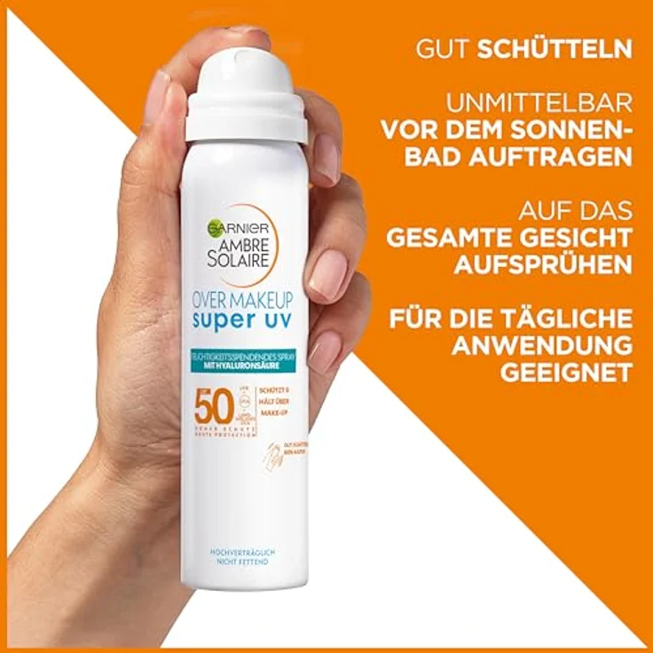 Garnier Super UV Over Make-up Spray mit LSF 50, Schutz für das Gesicht gegen UV-Strahlen und äußere Umwelteinflüsse, Mit feuchtigkeitsspendender Hyaluronsäure, Ambre Solaire, 1 x 75 ml – Bild 3