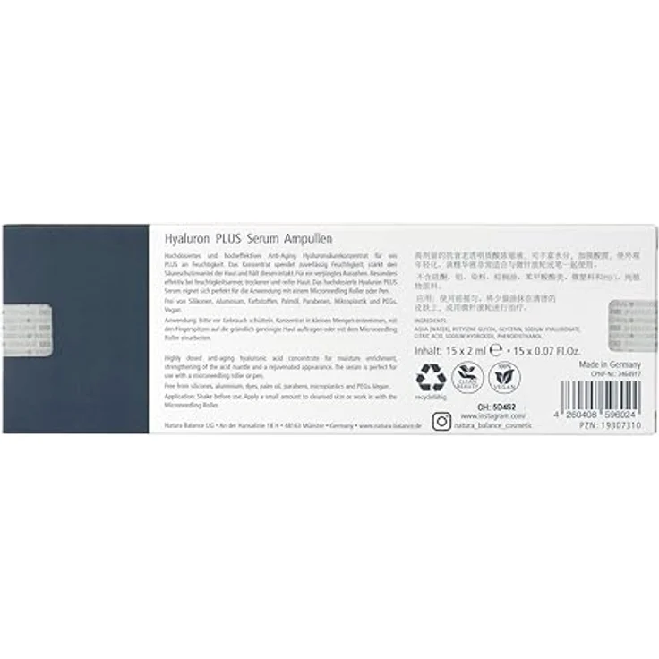 Natura Balance Hyaluron PLUS 15 Stück Serum Ampullen a 2 ml hochdosiert Anti Falten Gesicht Hyaluronsäure Pen Microneedling empfindliche Haut wenig Zusatzstoffe vegan Made in Germany, hohe und niedermolekulare Hyaluronsäure – Bild 2