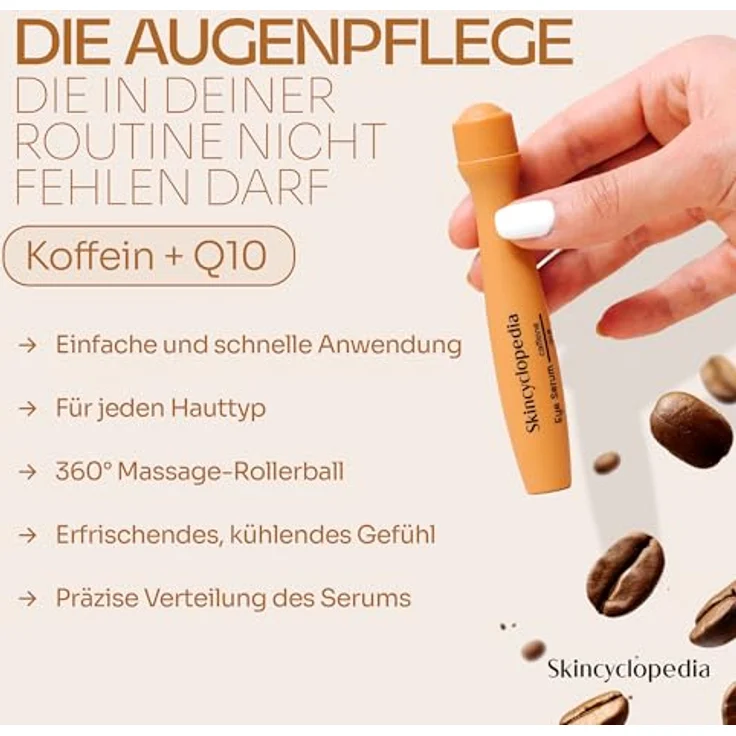 Skincyclopedia Koffein Augen Roll On, kühlendes Augenserum mit Q10 und Hyaluronsäure, gegen dunkle Augenringe und Tränensäcke, 15ml – Bild 5