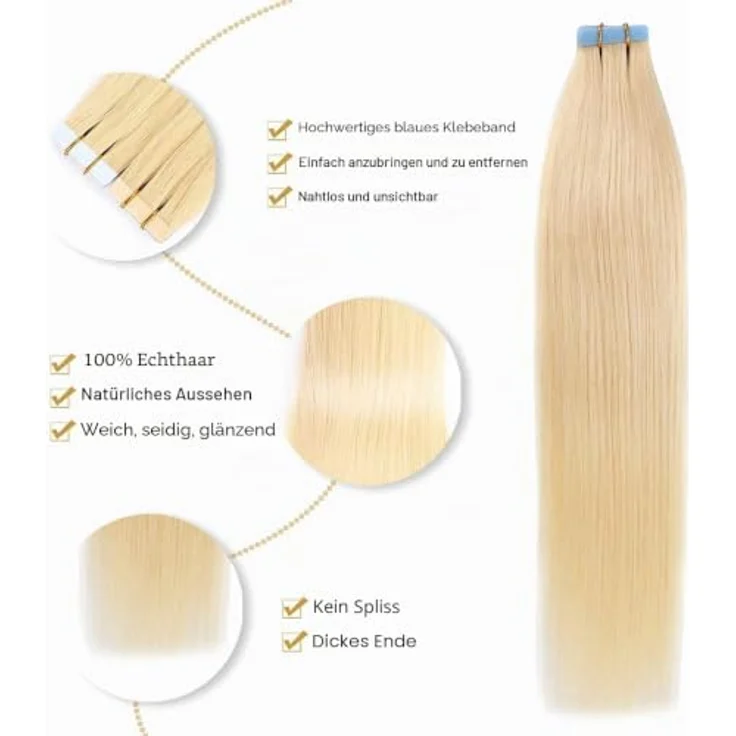 YILITE Tape Extensions Echthaar 45cm #613 Bleichblond, 20 Stück/Packung, 50g, seidig gerade, unsichtbares Klebeband, wiederverwendbar – Bild 3