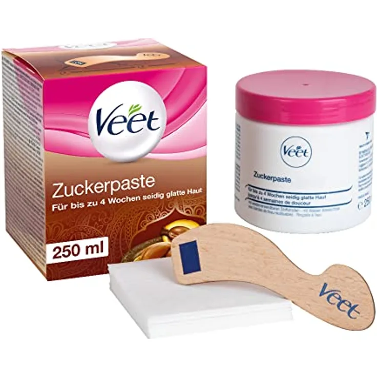 Veet Pure Zuckerpaste für Körper & Gesicht, 250 ml, langanhaltende Haarentfernung mit Vanilleblütenduft, inkl. Holzspatel & Stoffstreifen