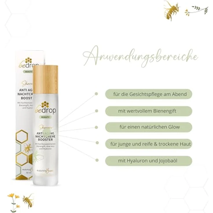 bedrop Anti-Aging Nachtcreme BOOSTER mit Bienengift, Aloe Vera, Hyaluron, Jojobaöl, Vitamin C und Arginin zur Faltenminderung - 3x 50ml Sparset – Bild 5