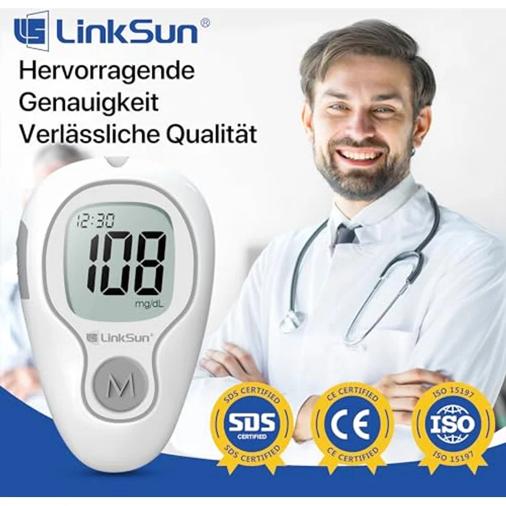 LinkSun Blutzuckermessgerät G-425-3, inkl. 100 Teststreifen & Lanzetten, automatische Aktivierung, kodierungsfrei, 500 Speicherplätze, sanfte Blutentnahme – Bild 2