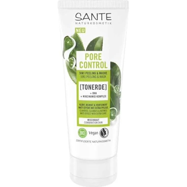 SANTE Naturkosmetik Pore Control 5in1 Peeling & Maske mit Bio-Grüner Tee, BHA & Niacinamid Komplex, vegane Gesichtspflege für Mischhaut, porenverfeinernde Reinigung, 100ml