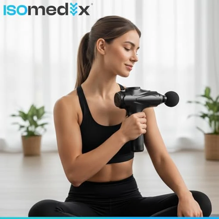 ISO TRADE ISOMEDIX Massagepistole, Schwarz, 30 Intensitätsstufen, 12 Massagaufsätze, ergonomisches Design, leises Arbeiten, Transportkoffer – Bild 3