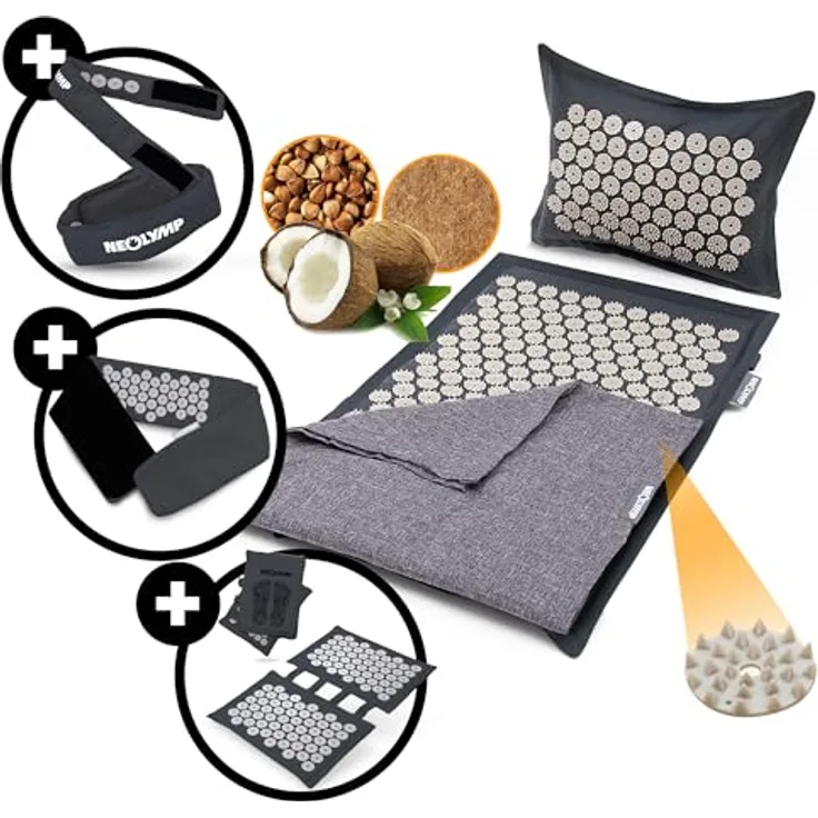 NEOLYMP Akupressur Komplettset mit Matte, Fußmatte, Gürtel, Stirnband & Übungen, nachhaltige Entspannung mit natürlichen Materialien