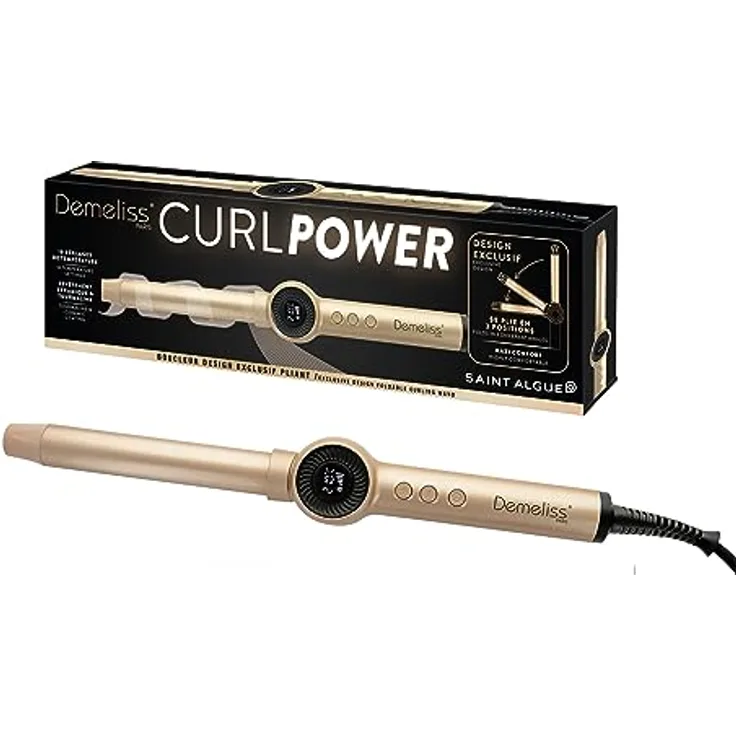 Demeliss CURL POWER Faltbarer Lockenwickler, 25 mm, 10 Temperaturstufen, digitale Anzeige, hitzebeständiger Handschuh, für alle Haartypen, ultraleicht, 180° klappbar