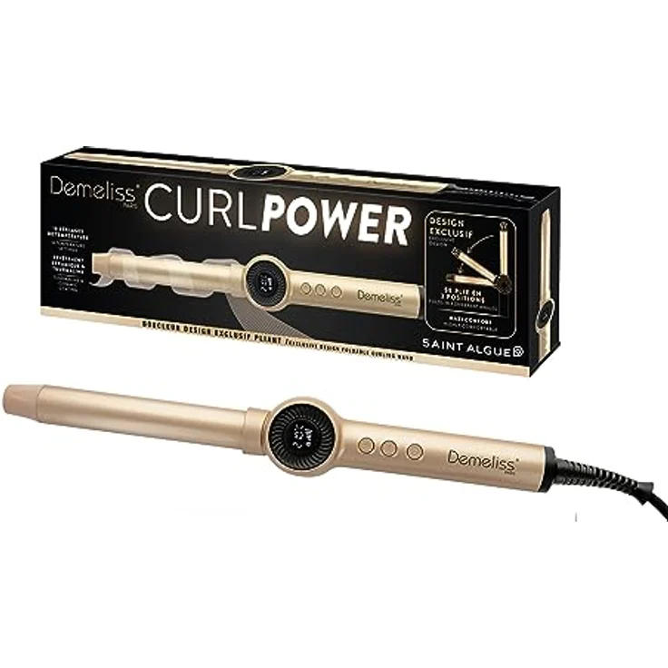 Demeliss CURL POWER Faltbarer Lockenwickler, 25 mm, 10 Temperaturstufen, digitale Anzeige, hitzebeständiger Handschuh, für alle Haartypen, ultraleicht, 180° klappbar – Bild 1