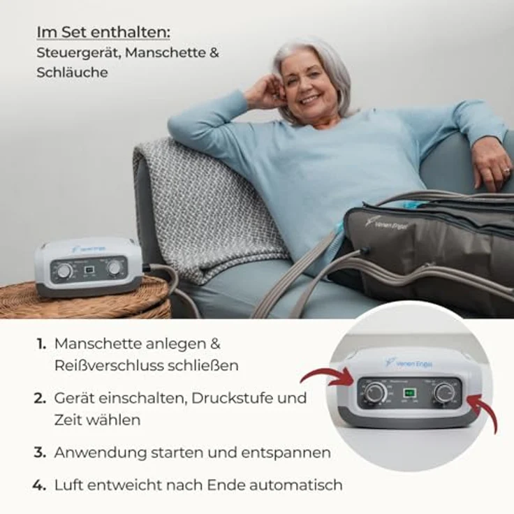 Venen Engel 4 Basic, Beinmassagegerät mit 2 Beinmanschetten, 4 Luftkammern und 1 Massageprogramm zur Cellulite-Reduktion, fördert Durchblutung – Bild 5