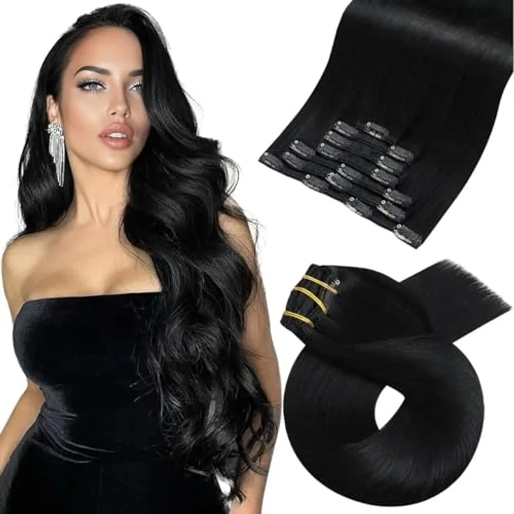 Moresoo Clip in Extensions Echthaar Tiefschwarz, 40 cm, 7 Stück, 120g, unsichtbare Haarverlängerungen für voluminöses Haar – Bild 1