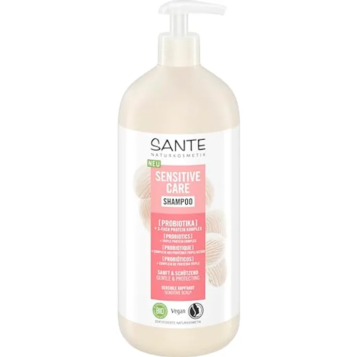 SANTE Naturkosmetik Sensitive Care Shampoo Probiotika + 3-Fach Protein Komplex, veganes Haarshampoo mit Pumpspender, 950 ml, für gestärktes Haar und mehr Feuchtigkeit, geeignet für sensible Kopfhaut