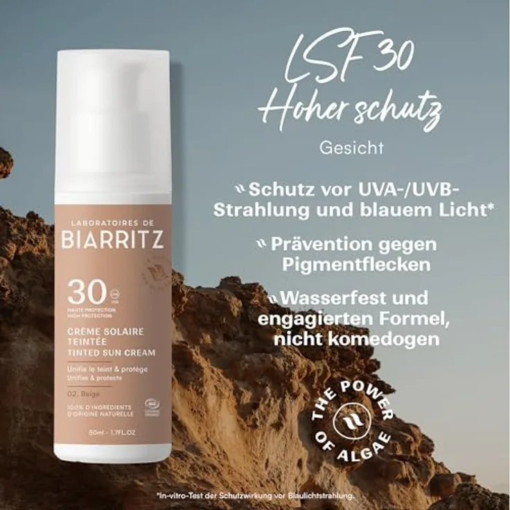Laboratoires de Biarritz Getönte Sonnencreme Gesicht Beige LSF30 Bio-zertifiziert 50 ml - Hydriert, mattiert, sorgt für ein gesundes Strahlen - Made in France