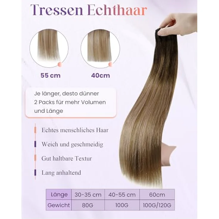 LaaVoo Haartressen Braun Echthaar zum Einnähen, Balayage Ombre Extensions, 80g #2/6/18, 35cm Remy glatt – Bild 2