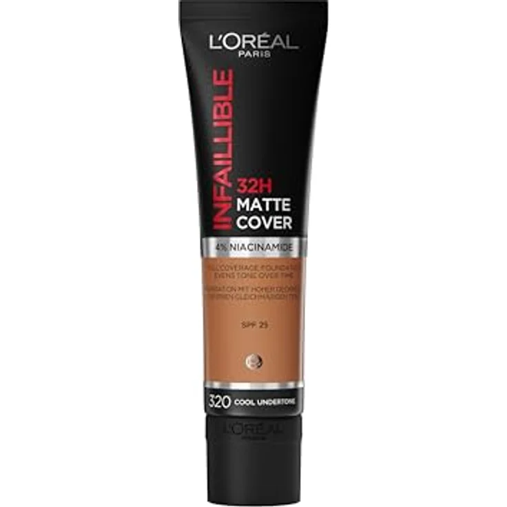 L'Oréal Paris Make up, Wasserfest und langanhaltend, Mattierende, flüssige Foundation mit hoher Deckkraft, Formel mit 4% Niacinamiden, Infaillible 32H Matte Cover, Nr. 320 Cool, 1 x 30 ml – Bild 1