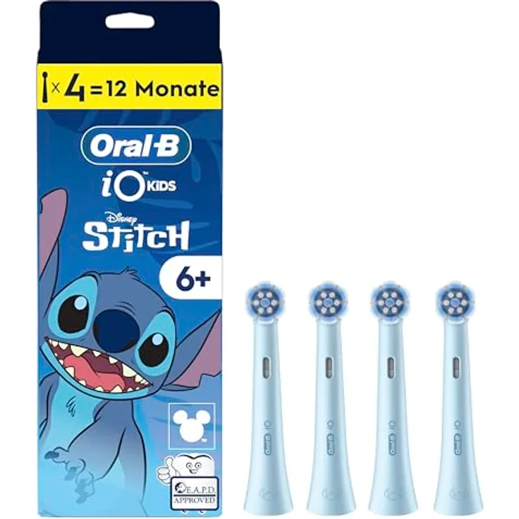 Oral-B iO Kids 6+ Disney Stitch Aufsteckbürsten, sanft zu Zähnen & Zahnfleisch, runder Bürstenkopf, 4 Stück, blau