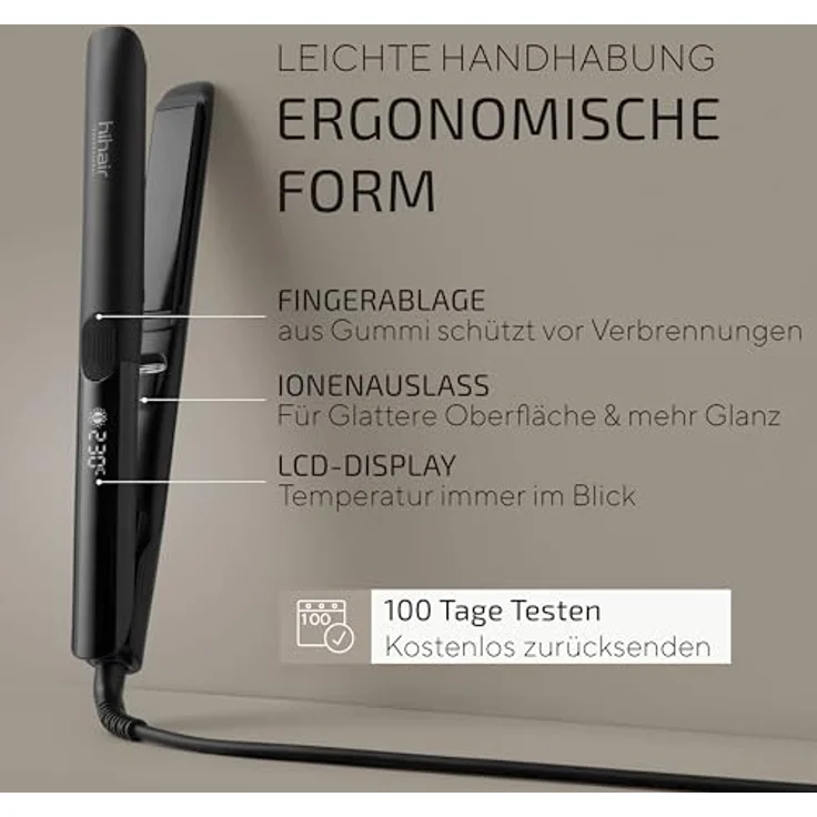 hihair Glätteisen Lunéa One, Keramikplatten mit GleamFlow-Technologie, LCD Display 110–230 °C, 2,5 m Kabel, 405 g leicht – Bild 3