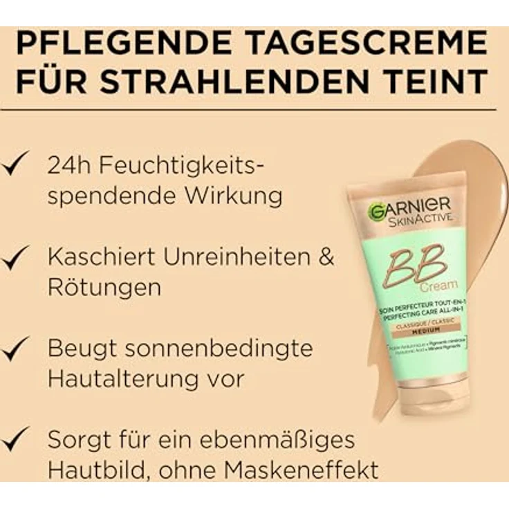 Garnier SkinActive BB Cream – All-in-1 Tagespflege mit Hyaluronsäure und Aloe Vera, kaschiert Hautunregelmäßigkeiten, LSF 15, Klassik, Mittel, 50 ml – Bild 4