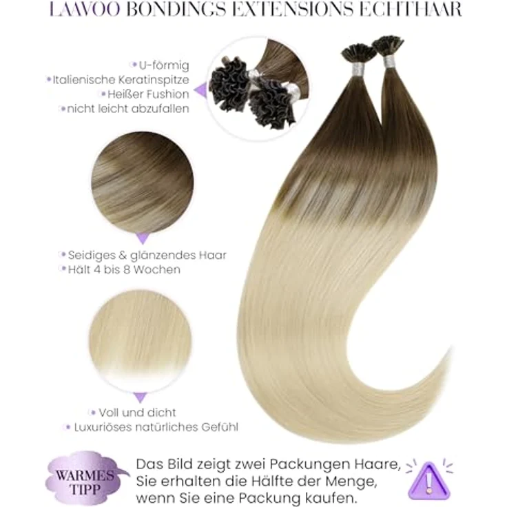 LaaVoo U Tips Extensions Echthaar Balayage Braun, Keratin Bondings Hellbraun Ombre Hellblond #8/59, 50 Strähnen, 35 cm, 50 g – Bild 2