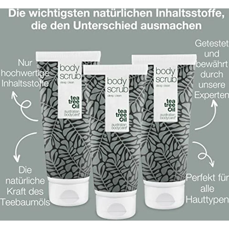 Australian Bodycare 3x Körperpeeling 200ml mit Teebaumöl | Gegen Pickel, unreine Haut, eingewachsene Haare, Reibeisenhaut und Erdbeerbeine | 100% natürlich und vegan | Dermatologisch getestet – Bild 3