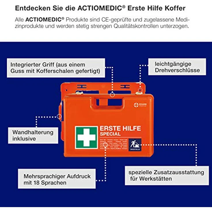 ACTIOMEDIC Erste-Hilfe-Kasten SPECIAL BAUSTELLE, DIN 13157:2021, orangefarben, Notfallkoffer mit Wandhalterung und mehrsprachiger Beschriftung, 42 x 33 x 15 cm, inklusive zusätzlichem Zubehör – Bild 5