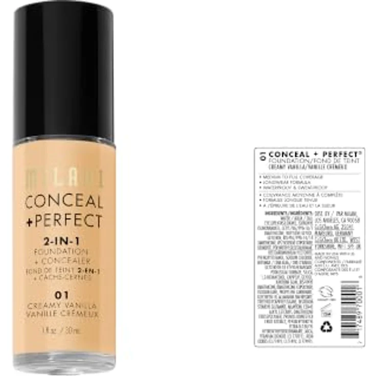 Milani Conceal + Perfect 2in1 Foundation, wasserfeste Foundation für einen gleichmäßigen Hautton, 30 ml, Creamy Vanilla/ 01 – Bild 6