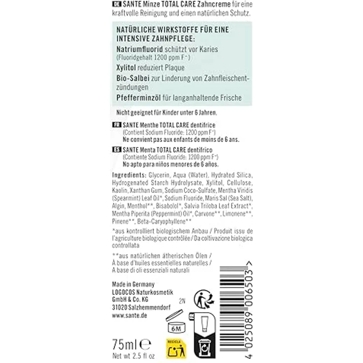 SANTE Zahnpasta Minze Total Care, 75 ml, mit fluoridierendem Schutz und natürlichen Inhaltsstoffen – Bild 2