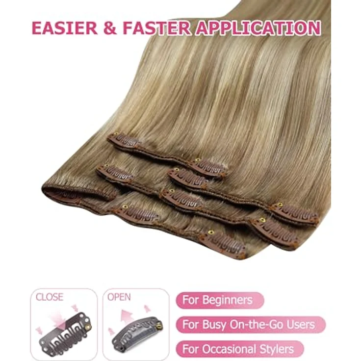 YoungSee Echthaar Extensions Clip Ombre 40 cm, Remy Haarsystem in Hellbraun mit Blond, 120g, Hitzebeständig, Schnellmontage ohne Werkzeug – Bild 4