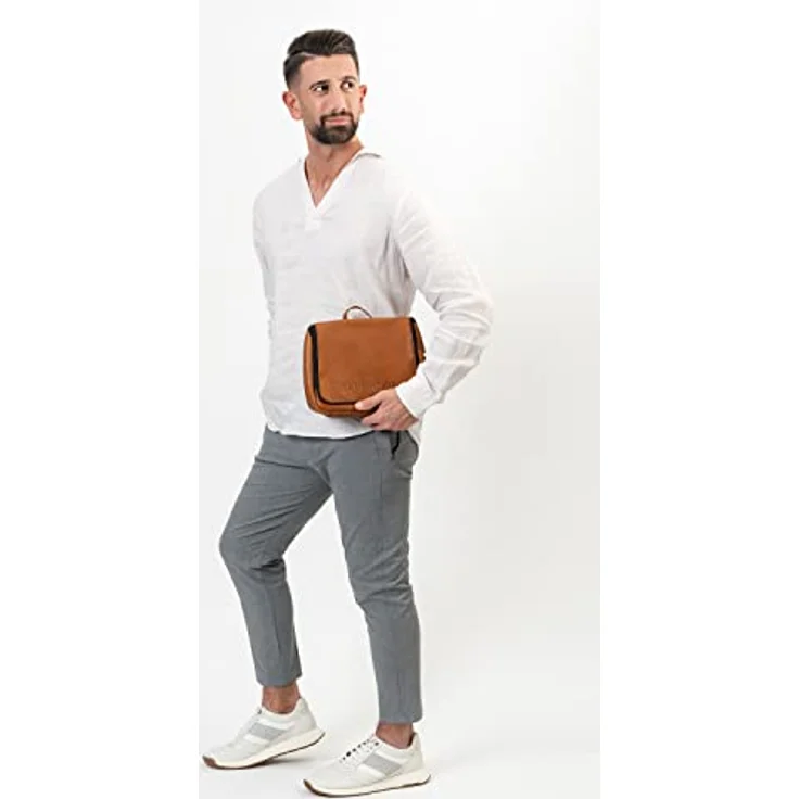 FARMHOOD Memphis Damen/Herren großer Leder Kulturbeutel | viele Fächer mit Reißverschluss | Kosmetiktasche 27 cm – Bild 3