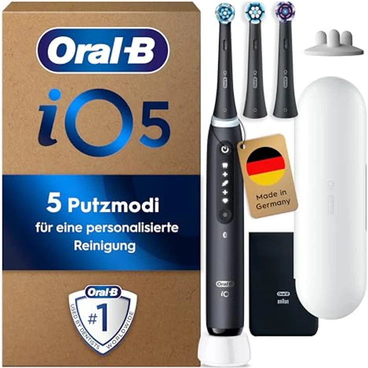 Oral-B iO Series 5 Plus Edition, Elektrische Zahnbürste mit 5 Putzmodi, 3 Aufsteckbürsten, Reise-Etui, Schwarz – Bild 1
