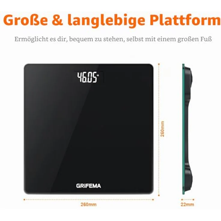 GRIFEMA GA2001-1 Personenwaage Digital, 150 kg Tragkraft, 26×26 cm, schwarzes gehärtetes Glas, LCD-Display, Auto-Off-Funktion – Bild 2