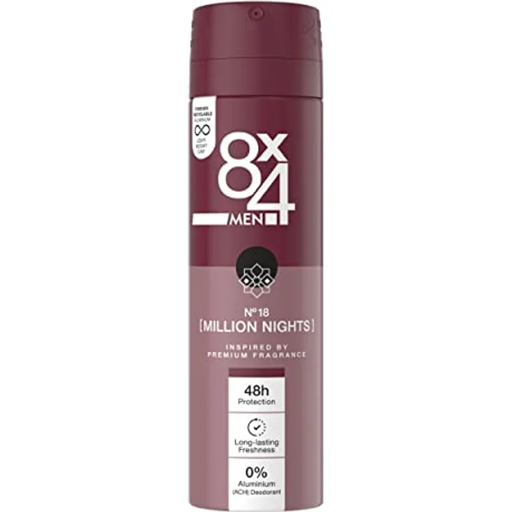 8X4 Men Deo N° 18 Million Nights (150 ml), Deospray für Männer mit orientalischen Duftnoten, 48h zuverlässiges Herren Deodorant ohne Aluminium (ACH) für jeden Hauttyp – Bild 1