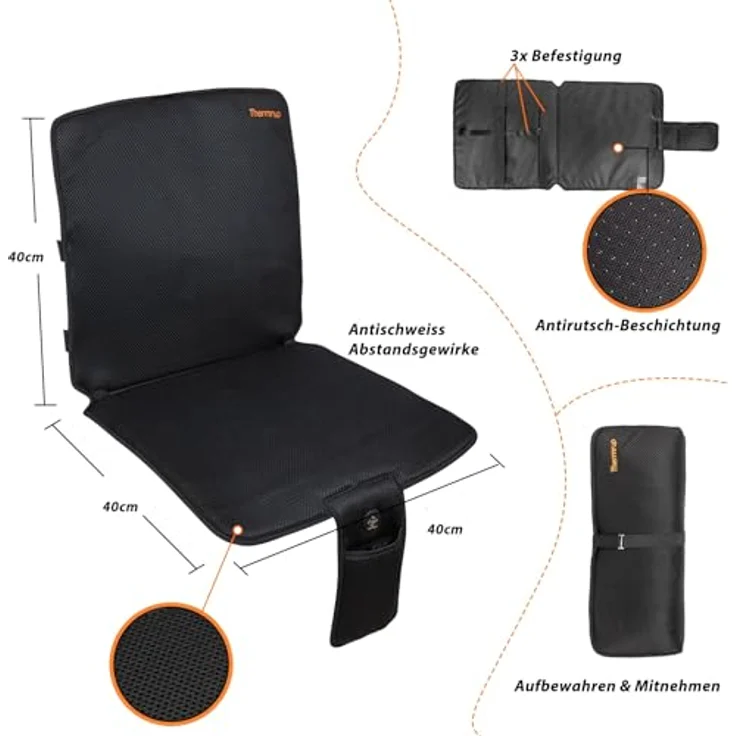 Thermrup Mobile Beheizbare Sitzauflage, Ferninfrarot Sitzheizung mit Akku- & Netzbetrieb, 3 Heizstufen, für Zuhause, Büro & Camping (40x80cm) – Bild 3