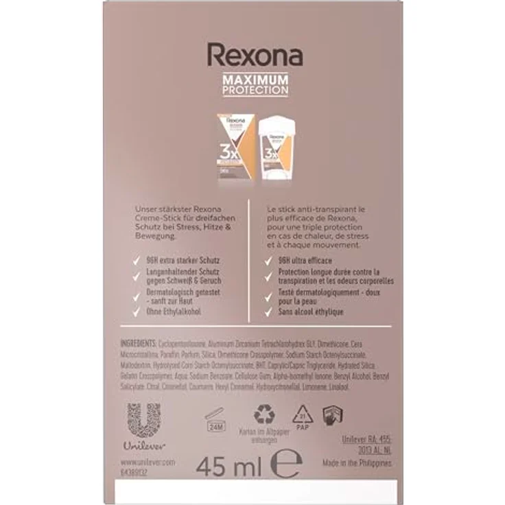 Rexona Maximum Protection Anti Transpirant Deo Creme Sports Control, 96 Stunden Schutz gegen Schwitzen und Geruch, 45 ml, dermatologisch getestet – Bild 3