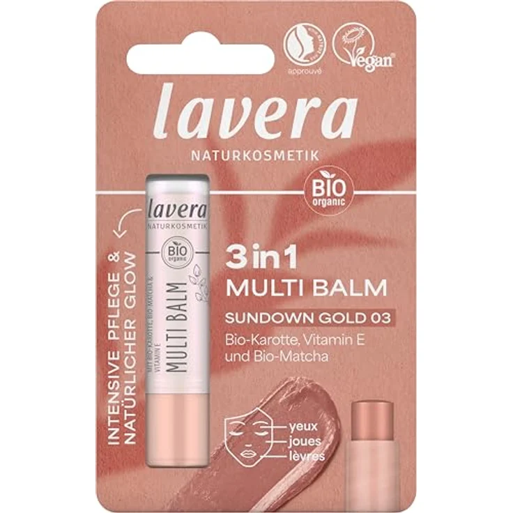 lavera Multi Balm Blister Sundown Gold 03, Vegan & Naturkosmetik für Augen, Lippen & Wangen, Frischer Glow, Müheloses Verblenden – Bild 4