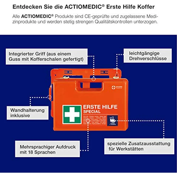 ACTIOMEDIC Erste-Hilfe-Kasten SPECIAL LABOR & CHEMIE, DIN 13157:2021, orange, Notfallkoffer mit Wandhalterung und mehrsprachiger Beschriftung, 42 x 33 x 15 cm – Bild 5